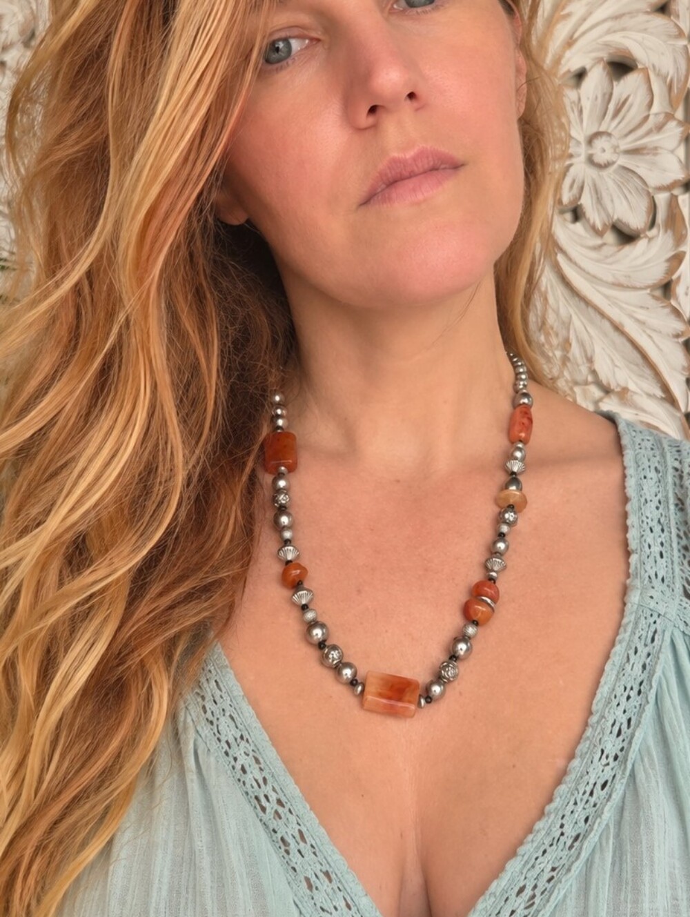 Vintage Amber Lucite Silver Tone Bead Necklace Art Deco Revival 23.5" Chunky Art